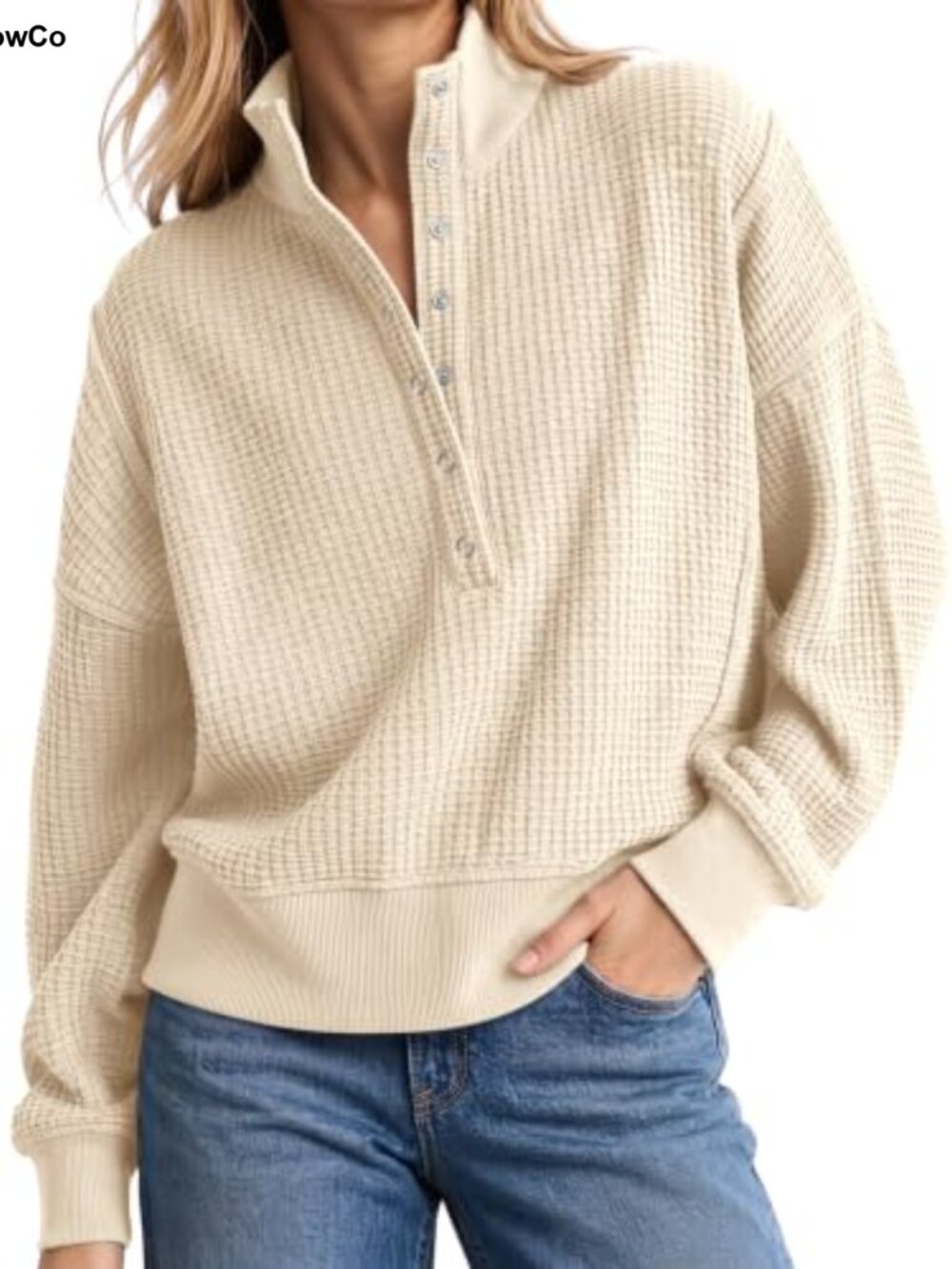 Waffle Knit Oversized Button Henley Pullover Sweatshirt